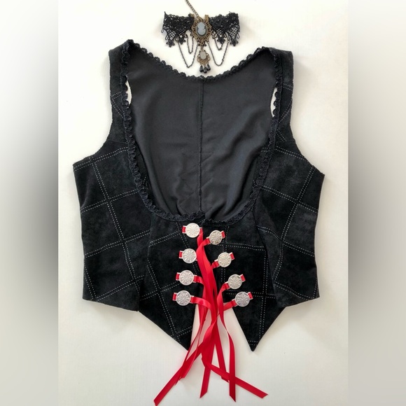 Black, faux,suede corset, Bustiers, vest, with faux white stitching detail szS-M - Picture 2 of 16